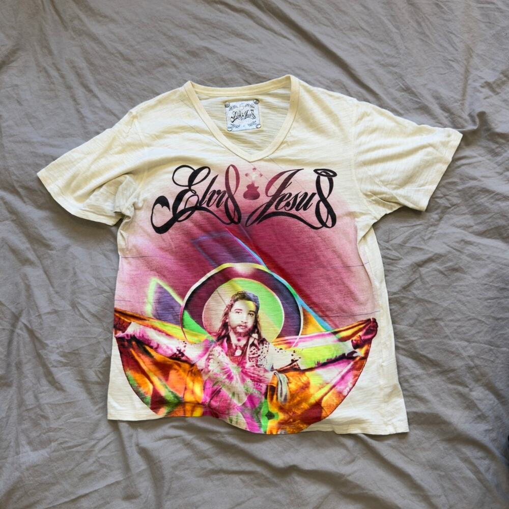 Elvis Jesus Off-White Deep V-Neck Jesus Rainbow Tee Mens Size‎ L
